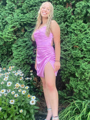 Pink Tight Pleated Homecoming Dress with Slit