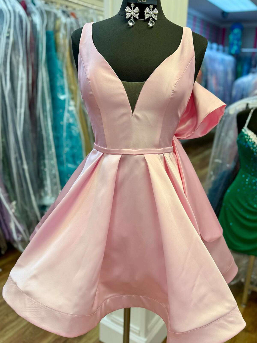 Pink V-Neck A Line Short Satin Homecoming Dress with Back Bow