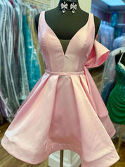 Pink V-Neck A Line Short Satin Homecoming Dress with Back Bow