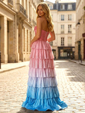 Pink Tiered Ruffle Cut-Out Bodice Prom Dress with Slit