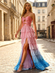 Pink Tiered Ruffle Cut-Out Bodice Prom Dress with Slit