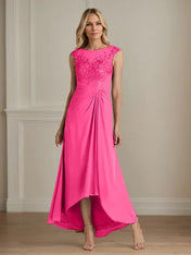 Champagne A-Line Scoop Lace Chiffon Dress