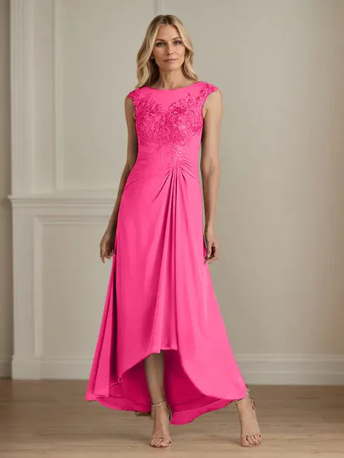 Champagne A-Line Scoop Lace Chiffon Dress