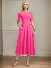 A-line Scoop Tea-Length Chiffon Mother of the Bride Dress With Appliques Lace Sequins