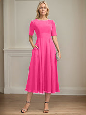 A-line Scoop Tea-Length Chiffon Mother of the Bride Dress With Appliques Lace Sequins