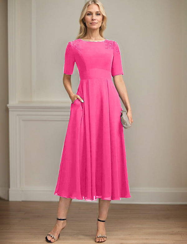 A-line Scoop Tea-Length Chiffon Mother of the Bride Dress With Appliques Lace Sequins