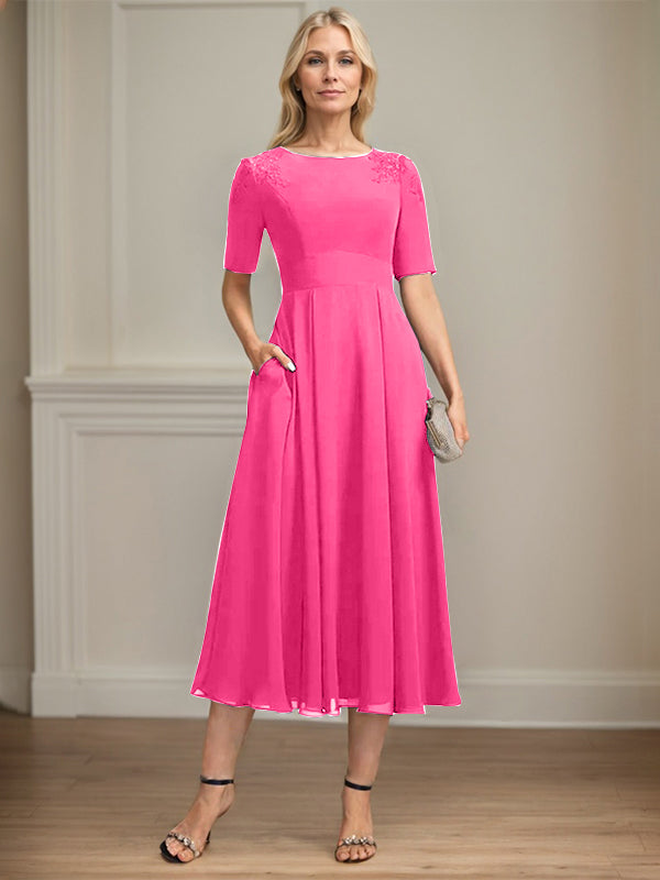 A-line Scoop Tea-Length Chiffon Mother of the Bride Dress With Appliques Lace Sequins