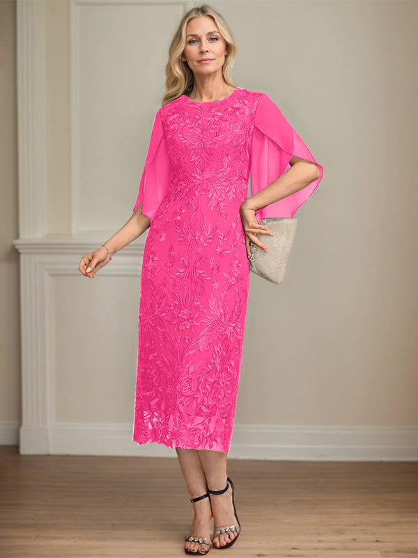 Sheath/Column Scoop Tea-Length Lace Chiffon Mother of the Bride Dress