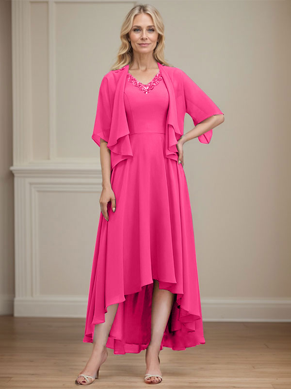 A-line V-Neck Asymmetrical Chiffon Mother of the Bride Dress With Beading Sequins