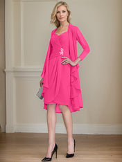 Sheath/Column Sweetheart Knee-Length Chiffon Mother of the Bride Dress With Beading Appliques Lace Sequins Pleated