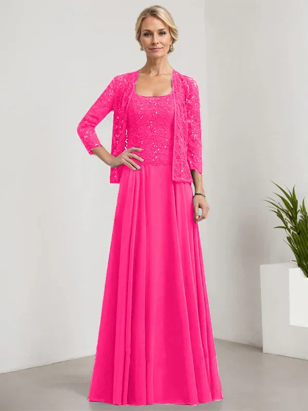 Robe de mère de la mariée trapèze carrée, longueur au sol, en mousseline de soie et dentelle, avec paillettes 