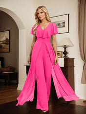 Jumpsuit/Pantsuit V-Neck Floor-Length Chiffon Evening Dress