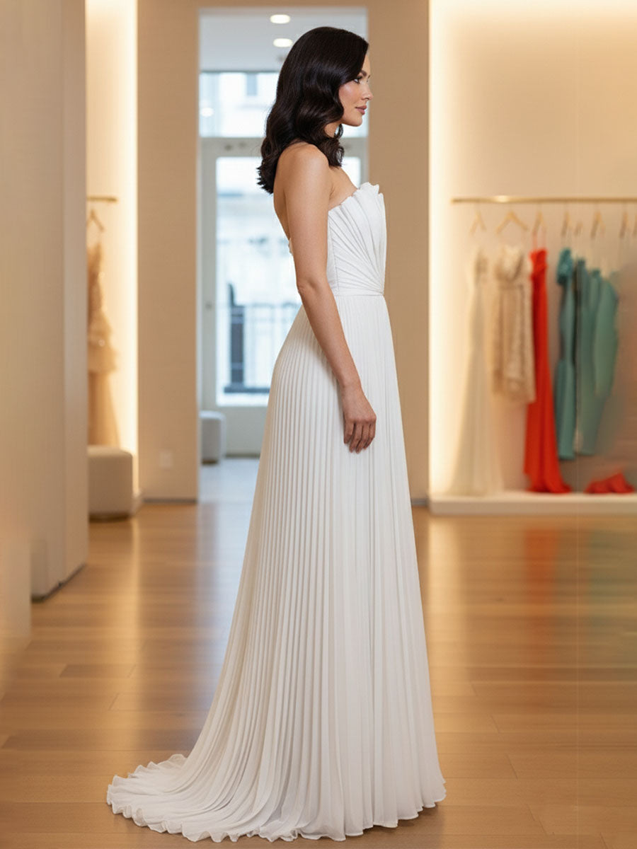 Pleated Classic Strapless Sleeveless A-Line Formal Dress