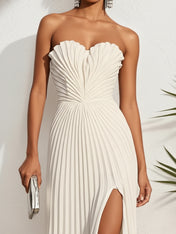 Pleated Classic Strapless Sleeveless A-Line Maxi Dress
