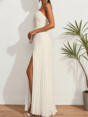 Pleated Classic Strapless Sleeveless A-Line Maxi Dress