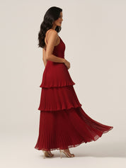 Pleated Tiered V-Neck Bridesmaid Dress with Spaghetti Straps