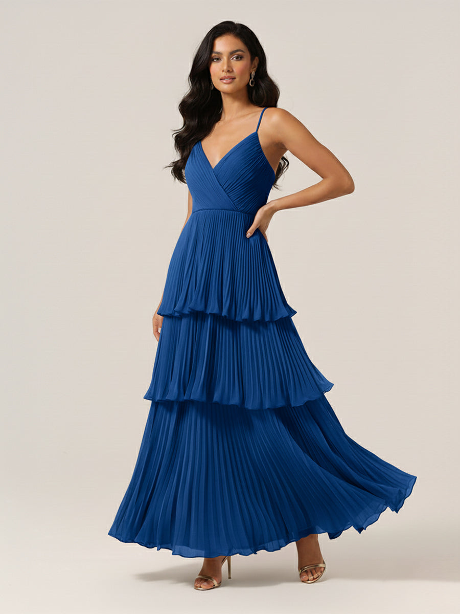 Pleated Tiered V-Neck Bridesmaid Dress with Spaghetti Straps