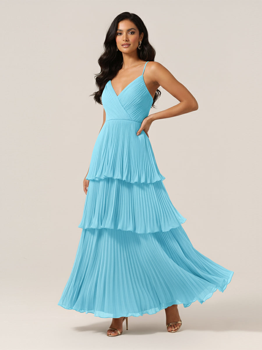Pleated Tiered V-Neck Bridesmaid Dress with Spaghetti Straps