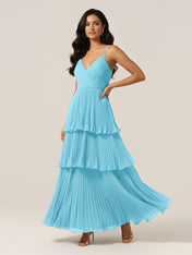 Pleated Tiered V-Neck Bridesmaid Dress with Spaghetti Straps