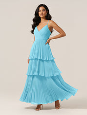 Pleated Tiered V-Neck Bridesmaid Dress with Spaghetti Straps