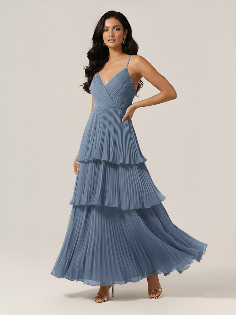 Pleated Tiered V-Neck Bridesmaid Dress with Spaghetti Straps