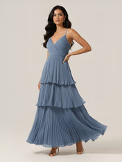 Pleated Tiered V-Neck Bridesmaid Dress with Spaghetti Straps