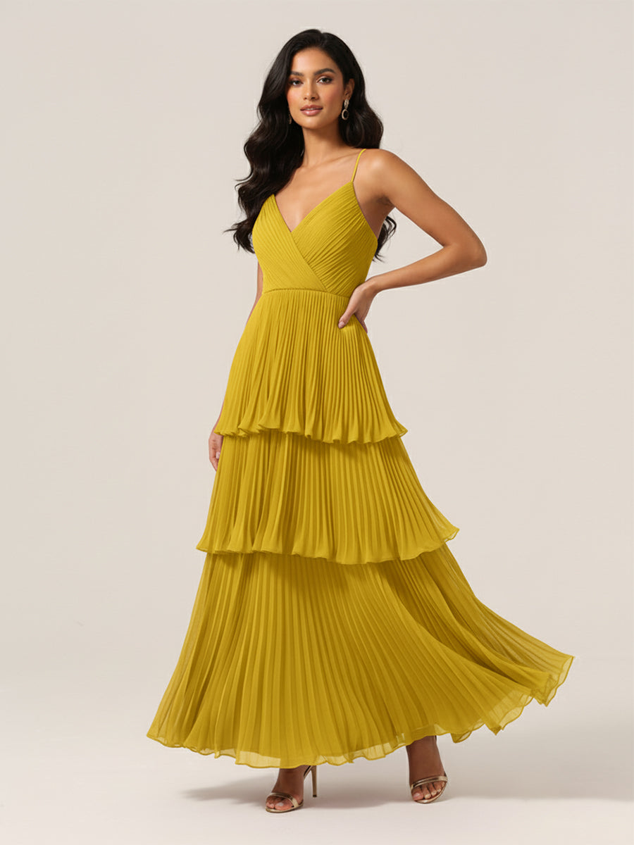 Pleated Tiered V-Neck Bridesmaid Dress with Spaghetti Straps