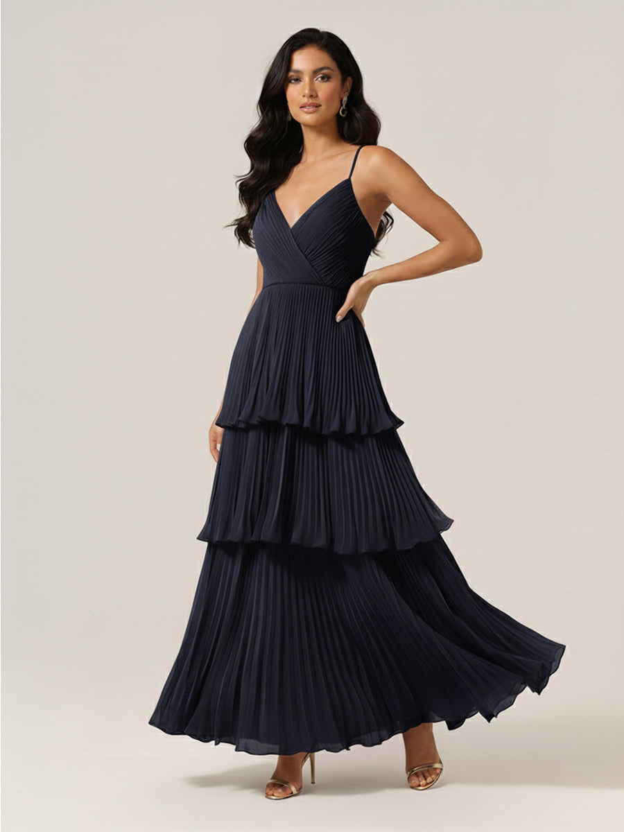 Pleated Tiered V-Neck Bridesmaid Dress with Spaghetti Straps