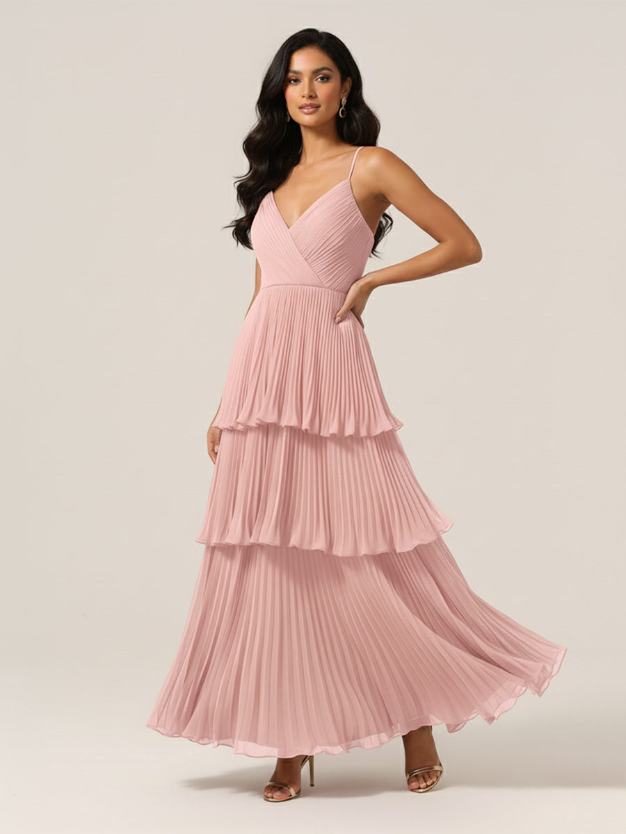 Pleated Tiered V-Neck Bridesmaid Dress with Spaghetti Straps