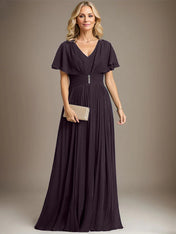 A-line V-Neck Floor-Length Chiffon Mother of the Bride Dress With Crystal Brooch Pleated