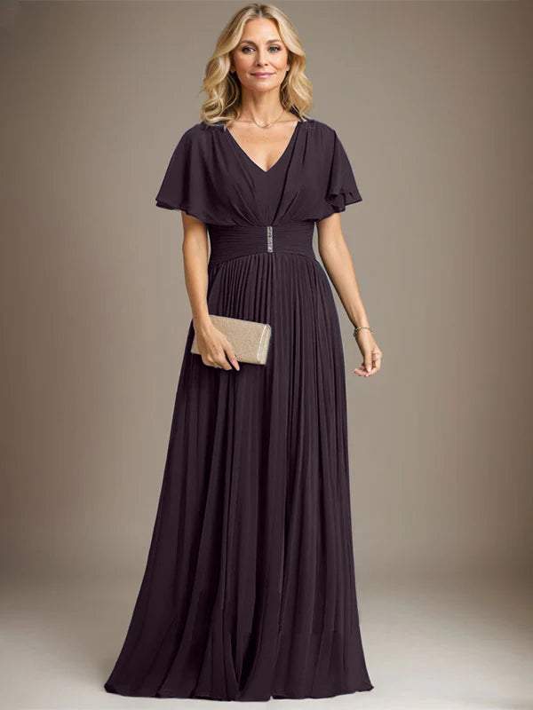 A-line V-Neck Floor-Length Chiffon Mother of the Bride Dress With Crystal Brooch Pleated
