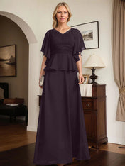 A-line V-Neck Floor-Length Chiffon Mother of the Bride Dress With Pleated Beading