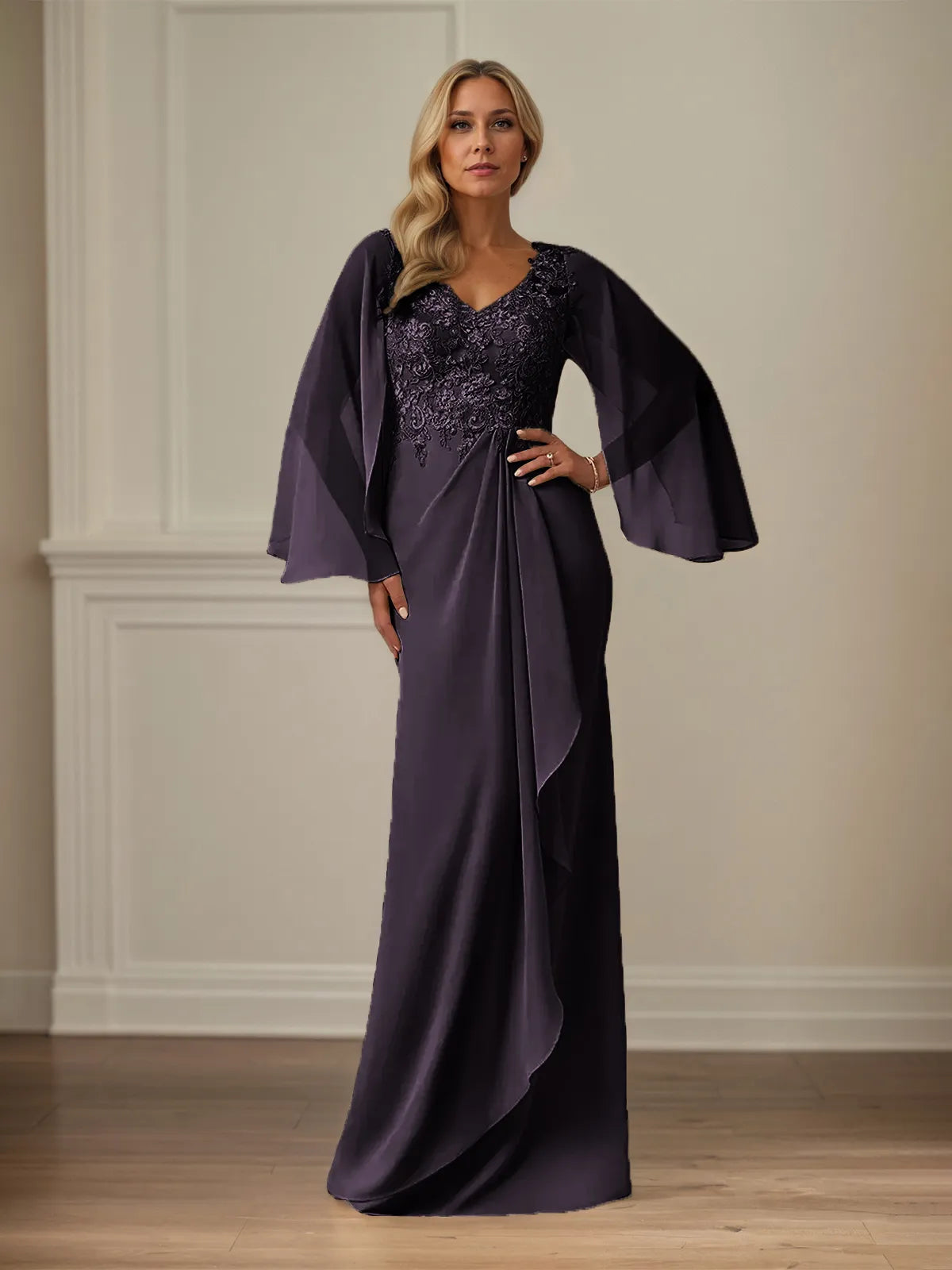 Column Chiffon V Neck Long Sleeves Floor Length Mother of the Bride Dresses With Appliques