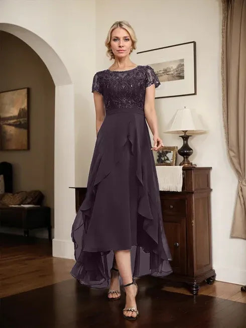 A-line Scoop Illusion Asymmetrical Chiffon Lace Mother of the Bride Dress With Bow Ruffle Sequins