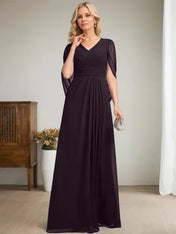 Dark Navy A-Line V-Neck Long Mother of Bride Dress