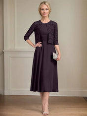 A-line Scoop Tea-Length Chiffon Mother of the Bride Dress With Pleated