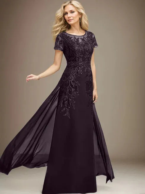Column Scoop Illusion Floor-Length Lace Chiffon Mother of the Bride Dress With Sequins