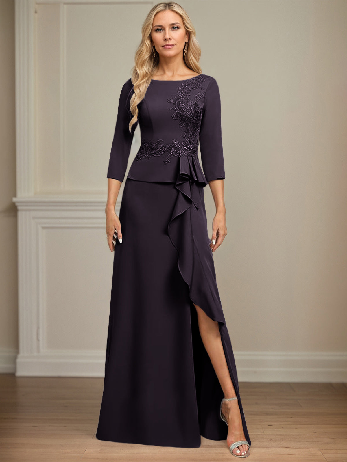 Column Scoop Floor-Length Stretch Crepe Dress With Cascading Ruffles Appliques