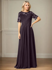 A Line Chiffon Scoop Neck Short Sleeves Floor Length Mother of the Bride Dresses