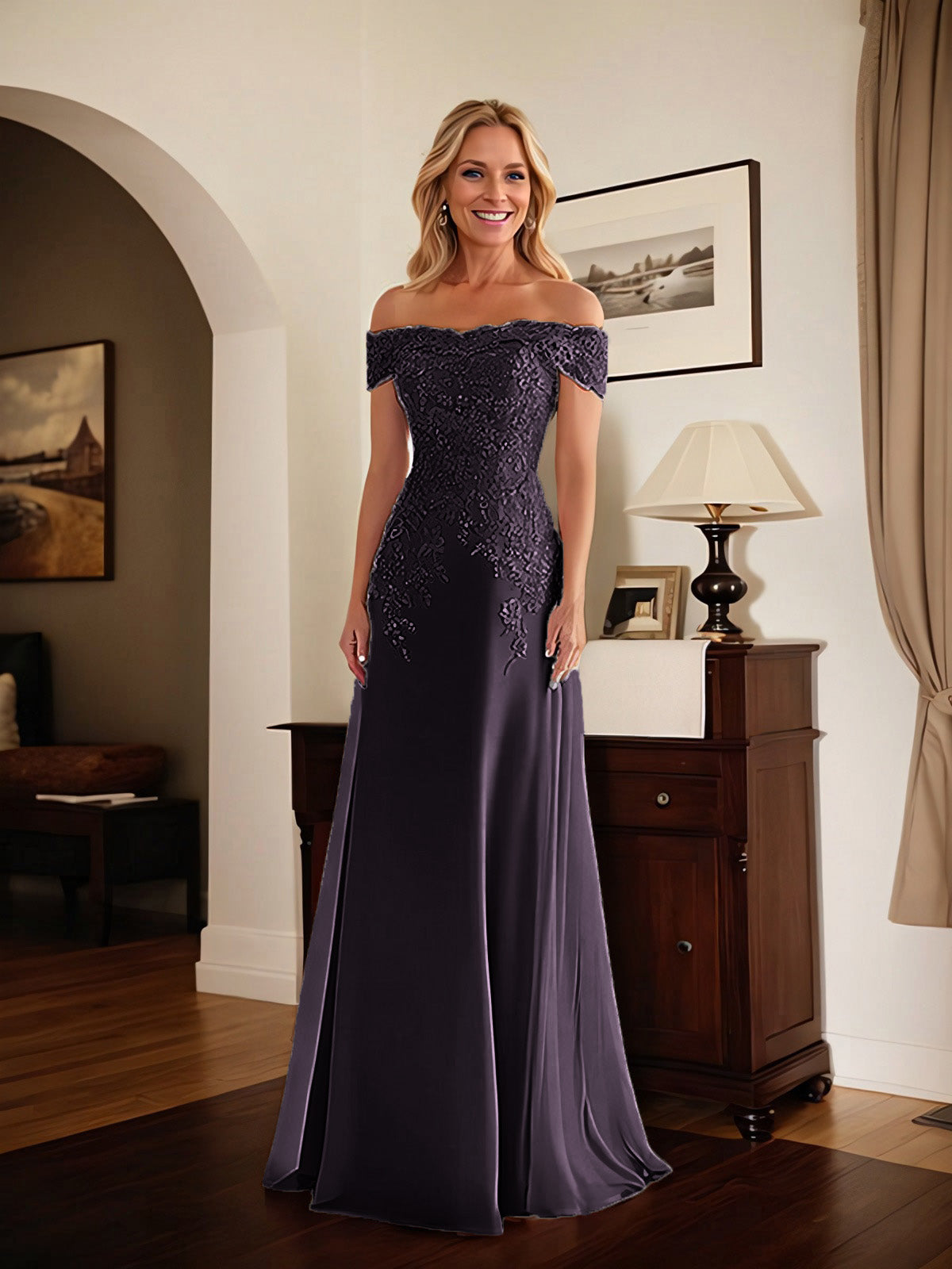 Elegant Taupe Off The Shoulder Sheath Mother of the Bride Dress with Lace
