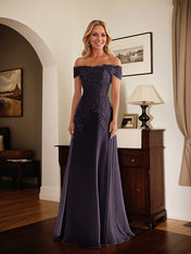 Elegant Taupe Off The Shoulder Sheath Mother of the Bride Dress with Lace