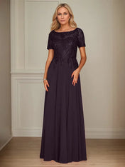 A Line Chiffon Boat Neck Short Sleeves Floor Length Mother of the Bride Dresses