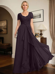 A-line Sweetheart Floor-Length Chiffon Lace Mother of the Bride Dress With Beading Cascading Ruffles