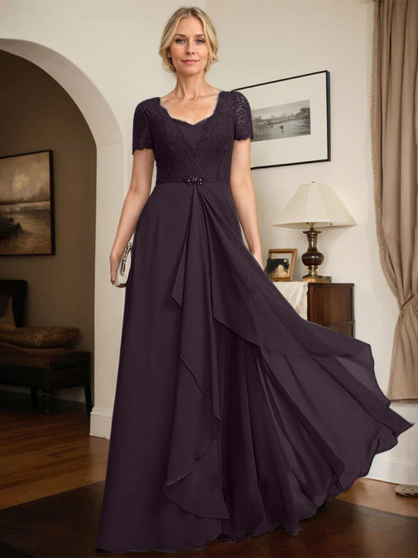 A-line Sweetheart Floor-Length Chiffon Lace Mother of the Bride Dress With Beading Cascading Ruffles