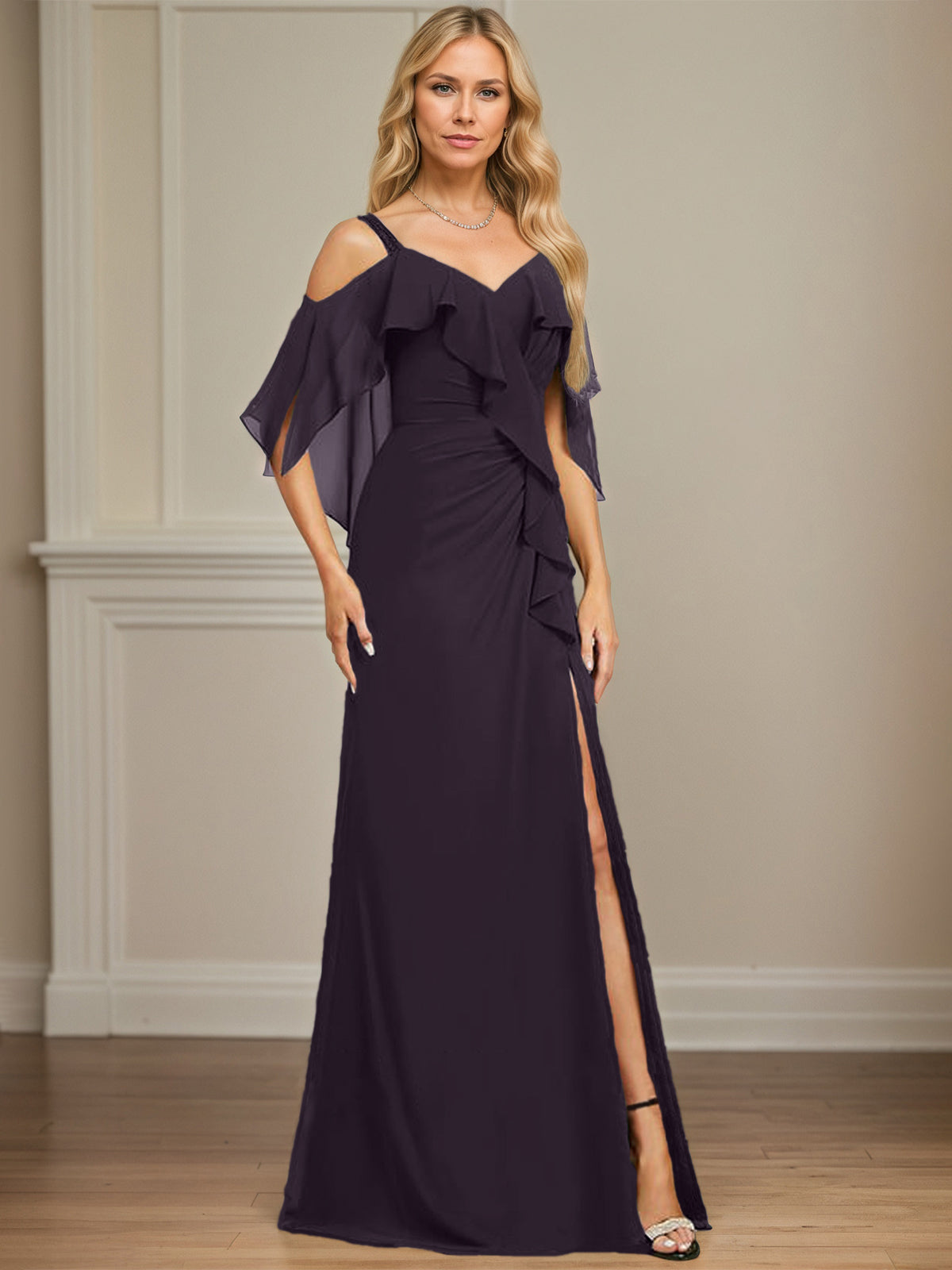 Column Cold Shoulder V-Neck Floor-Length Chiffon Dress With Cascading Ruffles Sequins Beading