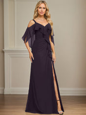 Sheath/Column Cold Shoulder V-Neck Floor-Length Chiffon Dress With Cascading Ruffles Sequins Beading