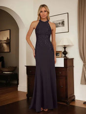 Dusty Blue Sheath Halter Long Mother of Bride Dress With Appliques