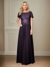 A Line Chiffon Boat Neck Short Sleeves Floor Length Pleated Mother of the Bride Dresses