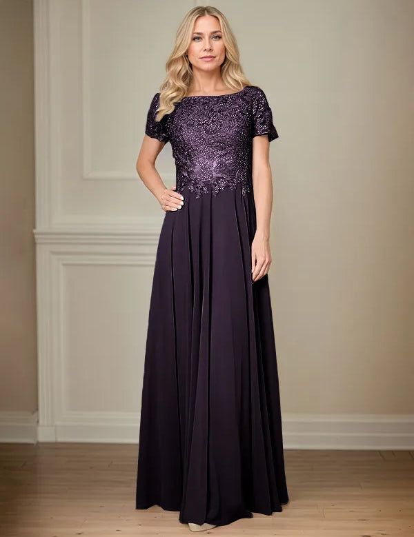 A Line Chiffon Boat Neck Short Sleeves Floor Length Pleated Mother of the Bride Dresses