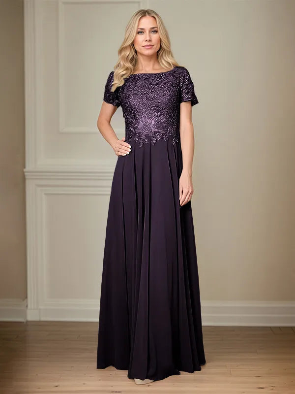 A Line Chiffon Boat Neck Short Sleeves Floor Length Pleated Mother of the Bride Dresses